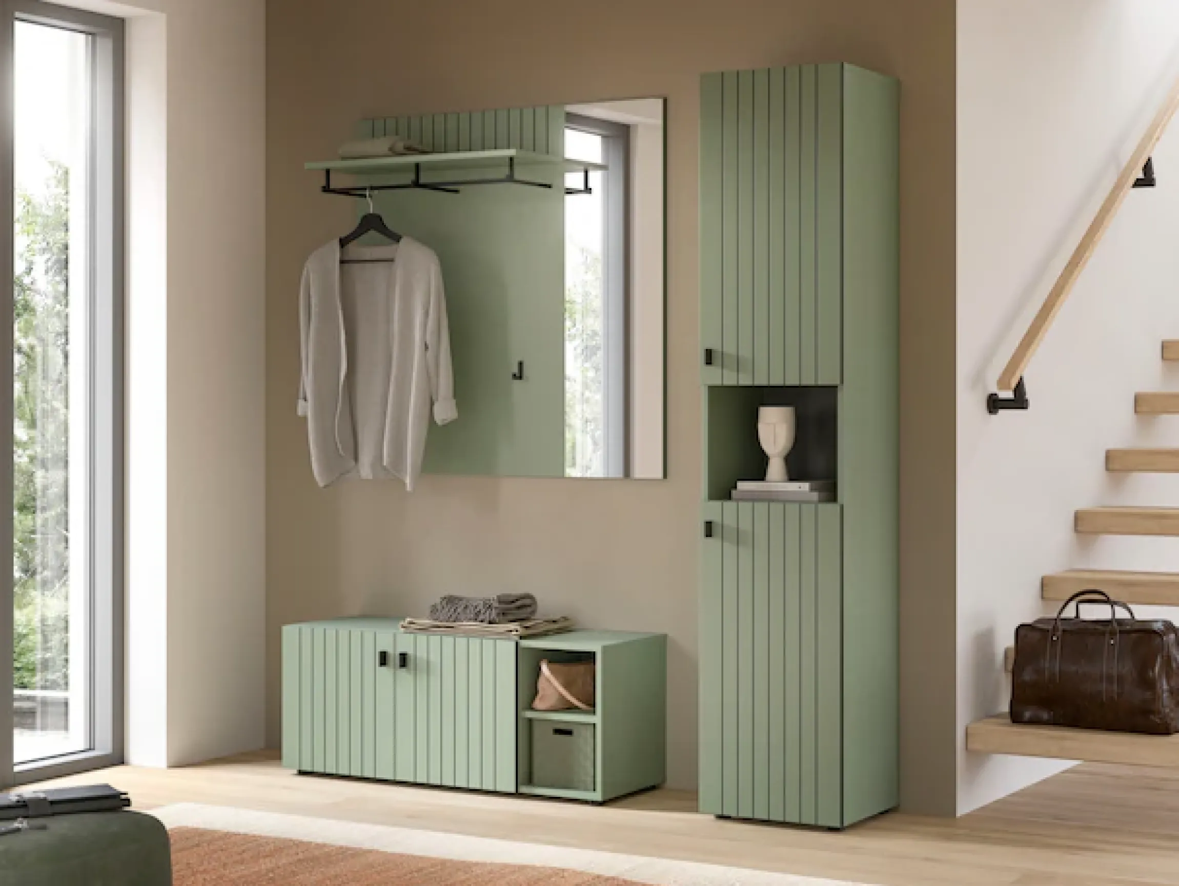 Home affaire Garderoben-Set »TATIO, 3-tlg. Garderobenkombination, Breite: 161 cm, Rillenfräsung« Set, Set, best. aus: 1 Garderobenschrank, 1 Sitzbank, 1 Spiegel, 3 Stk. tlg.