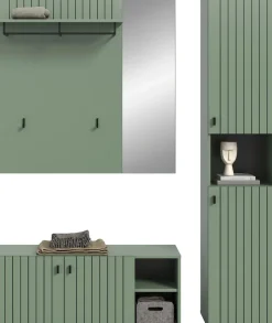 Home affaire Garderoben-Set »TATIO, 3-tlg. Garderobenkombination, Breite: 161 cm, Rillenfräsung« Set, Set, best. aus: 1 Garderobenschrank, 1 Sitzbank, 1 Spiegel, 3 Stk. tlg.