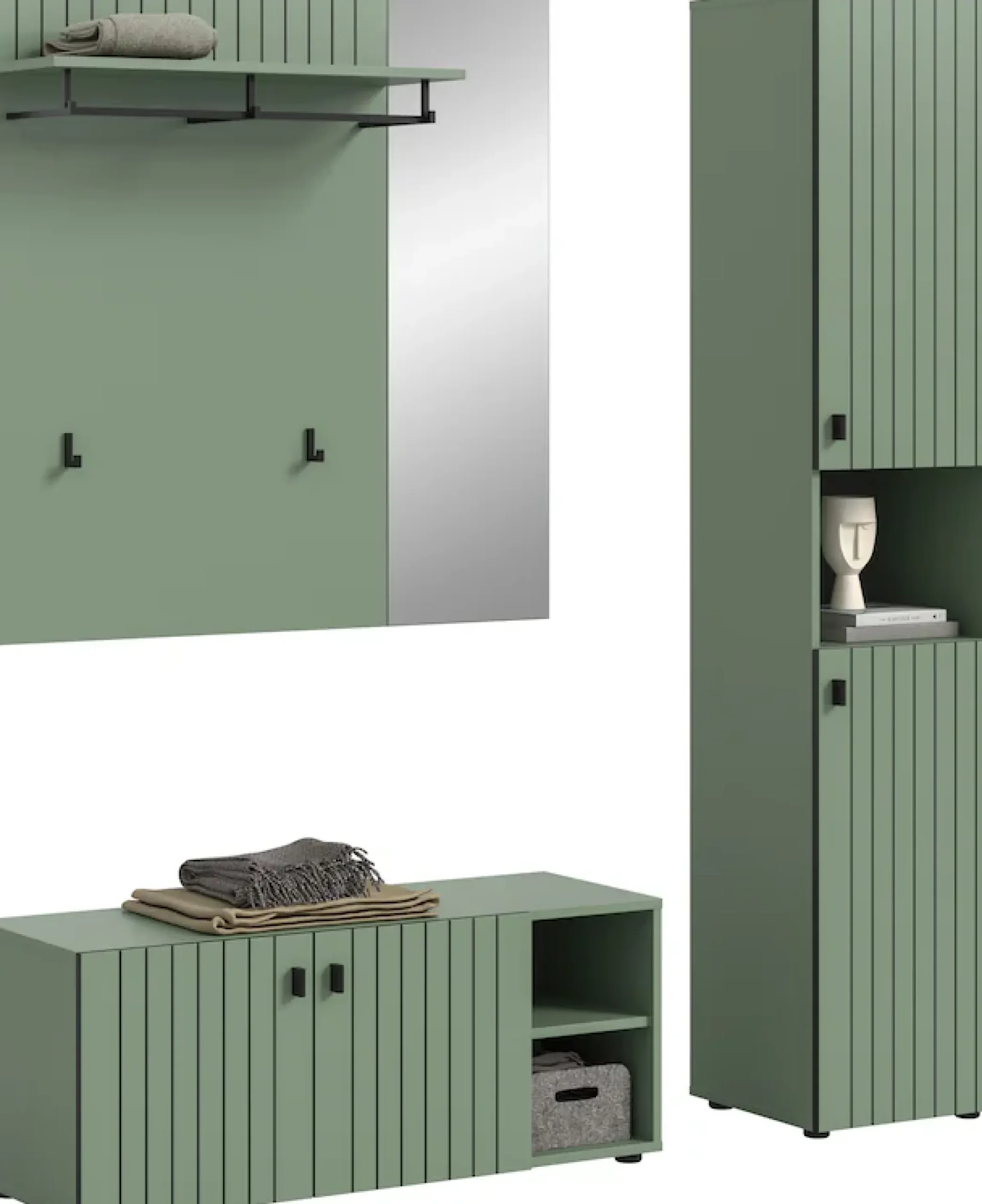 Home affaire Garderoben-Set »TATIO, 3-tlg. Garderobenkombination, Breite: 161 cm, Rillenfräsung« Set, Set, best. aus: 1 Garderobenschrank, 1 Sitzbank, 1 Spiegel, 3 Stk. tlg.