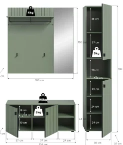 Home affaire Garderoben-Set »TATIO, 3-tlg. Garderobenkombination, Breite: 161 cm, Rillenfräsung« Set, Set, best. aus: 1 Garderobenschrank, 1 Sitzbank, 1 Spiegel, 3 Stk. tlg.