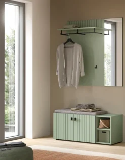 Home affaire Garderoben-Set »TATIO, 3-tlg. Garderobenkombination, Breite: 106 cm, Rillenfräsung« Set, Set, best. aus: 1Paneel, 1 Garderobensitzbank inkl. Kissen, 3 Stk. tlg.