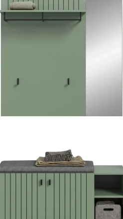 Home affaire Garderoben-Set »TATIO, 3-tlg. Garderobenkombination, Breite: 106 cm, Rillenfräsung« Set, Set, best. aus: 1Paneel, 1 Garderobensitzbank inkl. Kissen, 3 Stk. tlg.