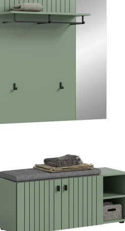 Home affaire Garderoben-Set »TATIO, 3-tlg. Garderobenkombination, Breite: 106 cm, Rillenfräsung« Set, Set, best. aus: 1Paneel, 1 Garderobensitzbank inkl. Kissen, 3 Stk. tlg.