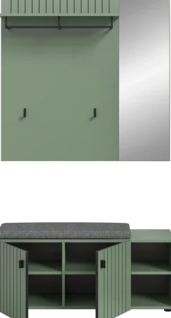 Home affaire Garderoben-Set »TATIO, 3-tlg. Garderobenkombination, Breite: 106 cm, Rillenfräsung« Set, Set, best. aus: 1Paneel, 1 Garderobensitzbank inkl. Kissen, 3 Stk. tlg.