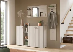 Home affaire Garderoben-Set »TATIO, 3-tlg. Garderobenkombination, Breite: 201 cm, Rillenfräsung« Set, Set, best. aus: 1 Spiegel, 1 Garderobenpaneel, 1 Schuhkommode, 3 Stk. tlg.