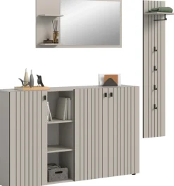 Home affaire Garderoben-Set »TATIO, 3-tlg. Garderobenkombination, Breite: 201 cm, Rillenfräsung« Set, Set, best. aus: 1 Spiegel, 1 Garderobenpaneel, 1 Schuhkommode, 3 Stk. tlg.