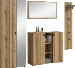 Home affaire Garderoben-Set »TATIO, 4-tlg. Garderobenkombination, Breite: 237 cm, Rillenfräsung« Set, 1 Spiegel, 1 Garderobenschrank, 1 Schuhkommode, 1 Garderobenpaneel, 4 Stk. tlg.