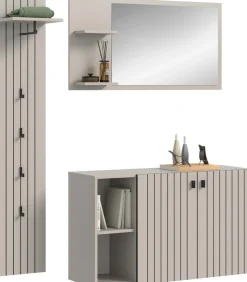 Home affaire Garderoben-Set »TATIO, 3-tlg. Garderobenkombination, Breite: 152 cm Rillenfräsung« Set, Set, best. aus: 1 Spiegel, 1 Garderobenpaneel, 1 Schuhkommode, 3 Stk. tlg.