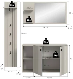 Home affaire Garderoben-Set »TATIO, 3-tlg. Garderobenkombination, Breite: 152 cm Rillenfräsung« Set, Set, best. aus: 1 Spiegel, 1 Garderobenpaneel, 1 Schuhkommode, 3 Stk. tlg.