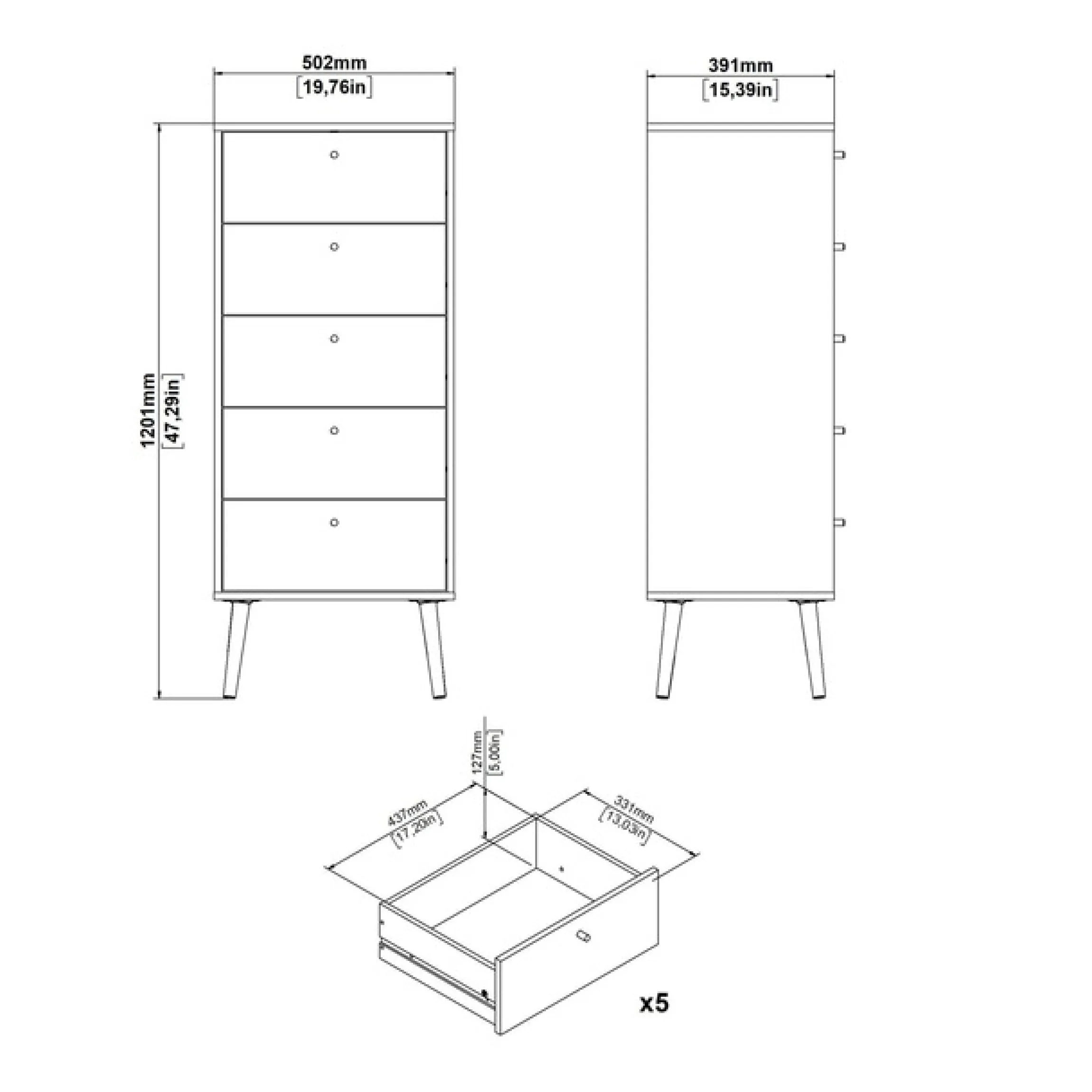 Home affaire Highboard »Bodo, Hochkommode, Aufbewahrung, , Stauraum« mit 5 Schubladen, Beine und Griffe aus Echtholz, Breite 50 cm