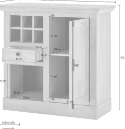 Home affaire Highboard »Cornwall, Kommode im Landhausstil, Schrank, Sideboard, Eiche Dekor« 1 Stk. tlg. verschnörkelte Metallgriffe, ausreichend Stauraum, 105 cm breit