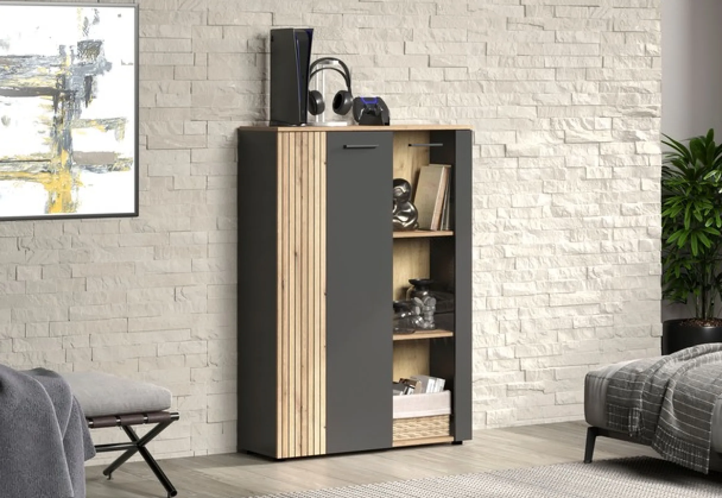 Home affaire Highboard »Estepona« 1 Stk. tlg. Vitrine, Tür mit Rillen-Optik, Breite 91 cm