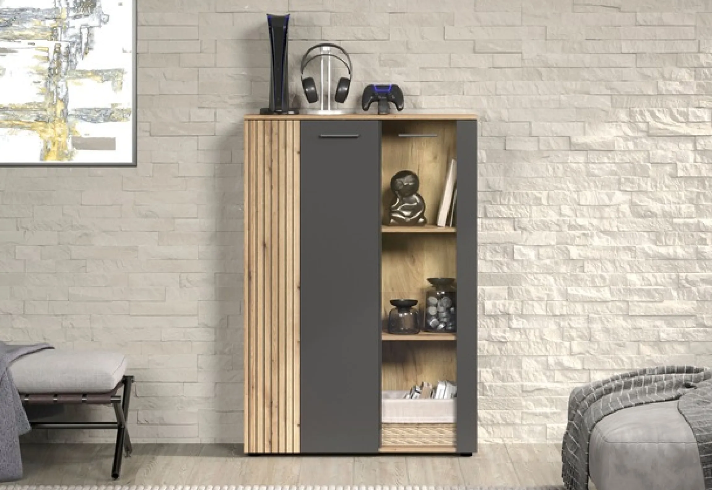 Home affaire Highboard »Estepona« 1 Stk. tlg. Vitrine, Tür mit Rillen-Optik, Breite 91 cm