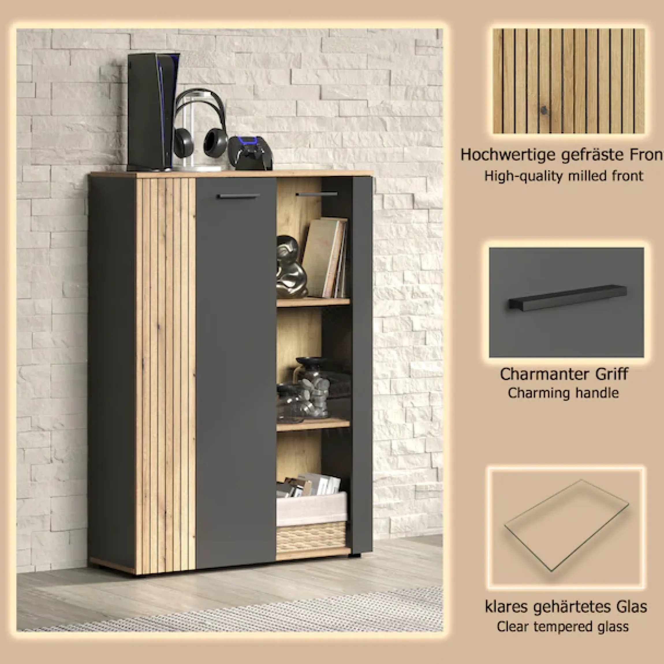 Home affaire Highboard »Estepona« 1 Stk. tlg. Vitrine, Tür mit Rillen-Optik, Breite 91 cm