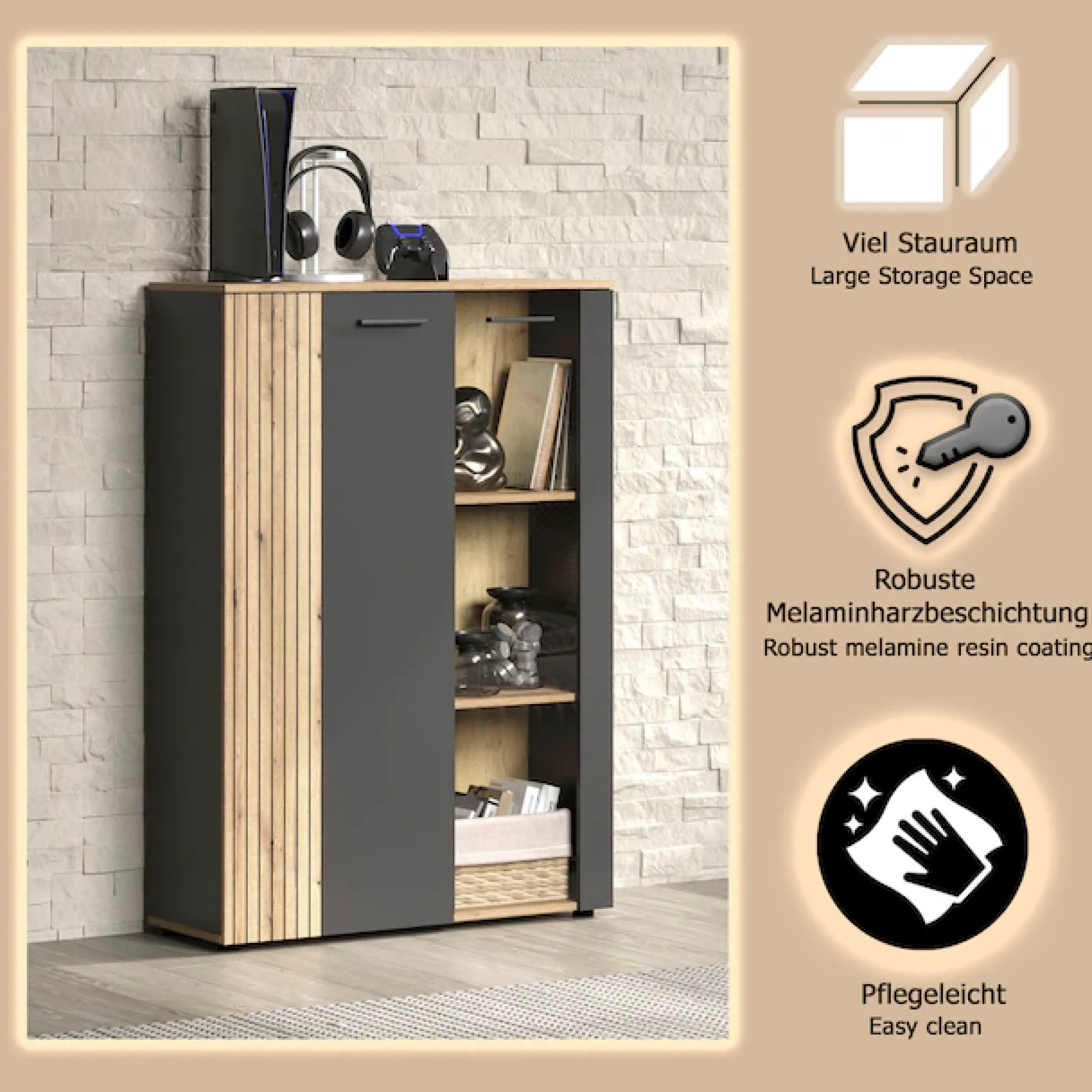 Home affaire Highboard »Estepona« 1 Stk. tlg. Vitrine, Tür mit Rillen-Optik, Breite 91 cm
