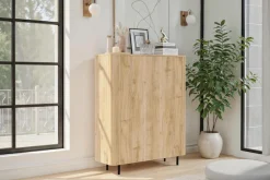 Home affaire Highboard »Murano, B/H 131/154 cm, 2 Türen, Stauraumschrank, Hochkommode« Formgebogenes MDF, Stirnseiten mit Rundung, Füße und Griffe aus Metall