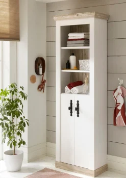 Home affaire Hochschrank »Florenz, Badschrank im Landhausstil, Schrank mit Metallgriffen« in Pinie Weiß, offene Fächer und ausreichend Stauraum hinter Drehtüren