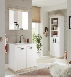 Home affaire Hochschrank »Florenz, Badschrank im Landhausstil, Schrank mit Metallgriffen« in Pinie Weiß, offene Fächer und ausreichend Stauraum hinter Drehtüren