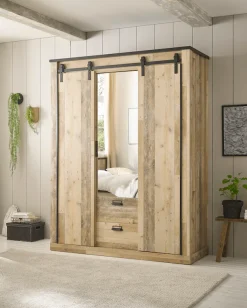 Home affaire Kleiderschrank »SHERWOOD Schlafzimmerschrank mit Spiegel ,2 Schubladen, Wäscheschrank« Schiebetüren mit Scheunentorbeschlag aus Metall, B/T/H 161/63/209cm