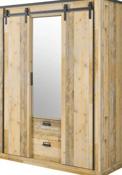 Home affaire Kleiderschrank »SHERWOOD Schlafzimmerschrank mit Spiegel ,2 Schubladen, Wäscheschrank« Schiebetüren mit Scheunentorbeschlag aus Metall, B/T/H 161/63/209cm