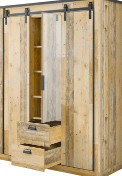 Home affaire Kleiderschrank »SHERWOOD Schlafzimmerschrank mit Spiegel ,2 Schubladen, Wäscheschrank« Schiebetüren mit Scheunentorbeschlag aus Metall, B/T/H 161/63/209cm