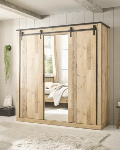 Home affaire Kleiderschrank »SHERWOOD Schlafzimmerschrank mit Spiegel Wäscheschrank« Schiebetüren mit Scheunentorbeschlag aus Metall, B/T/H 201/63/209cm