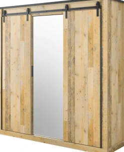 Home affaire Kleiderschrank »SHERWOOD Schlafzimmerschrank mit Spiegel Wäscheschrank« Schiebetüren mit Scheunentorbeschlag aus Metall, B/T/H 201/63/209cm