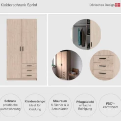 Home affaire Kleiderschrank »Sprint, viel Stauraum, robuste Qualität, 3 Breiten 98, 147, 195 cm« Breite 98,5/147 oder 195,5 cm, je mit Einlegeböden und Kleiderstange
