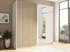Home affaire Kleiderschrank »Kleiderschrank Camden mit Spiegel, 4 Einlegeböden und Kleiderstange« Garderobe mit 2 Schwebetüren und Lamellen, BxHxT 200,2x198,5x61,6 cm