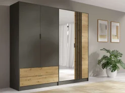 Home affaire Kleiderschrank »Kleiderschrank Loreto mit Schubkästen und Spiegel, B/T/H 220/54/202 cm« Schrank mit Drehtüren und Schubladen, Spiegel und MDF-Lamellen