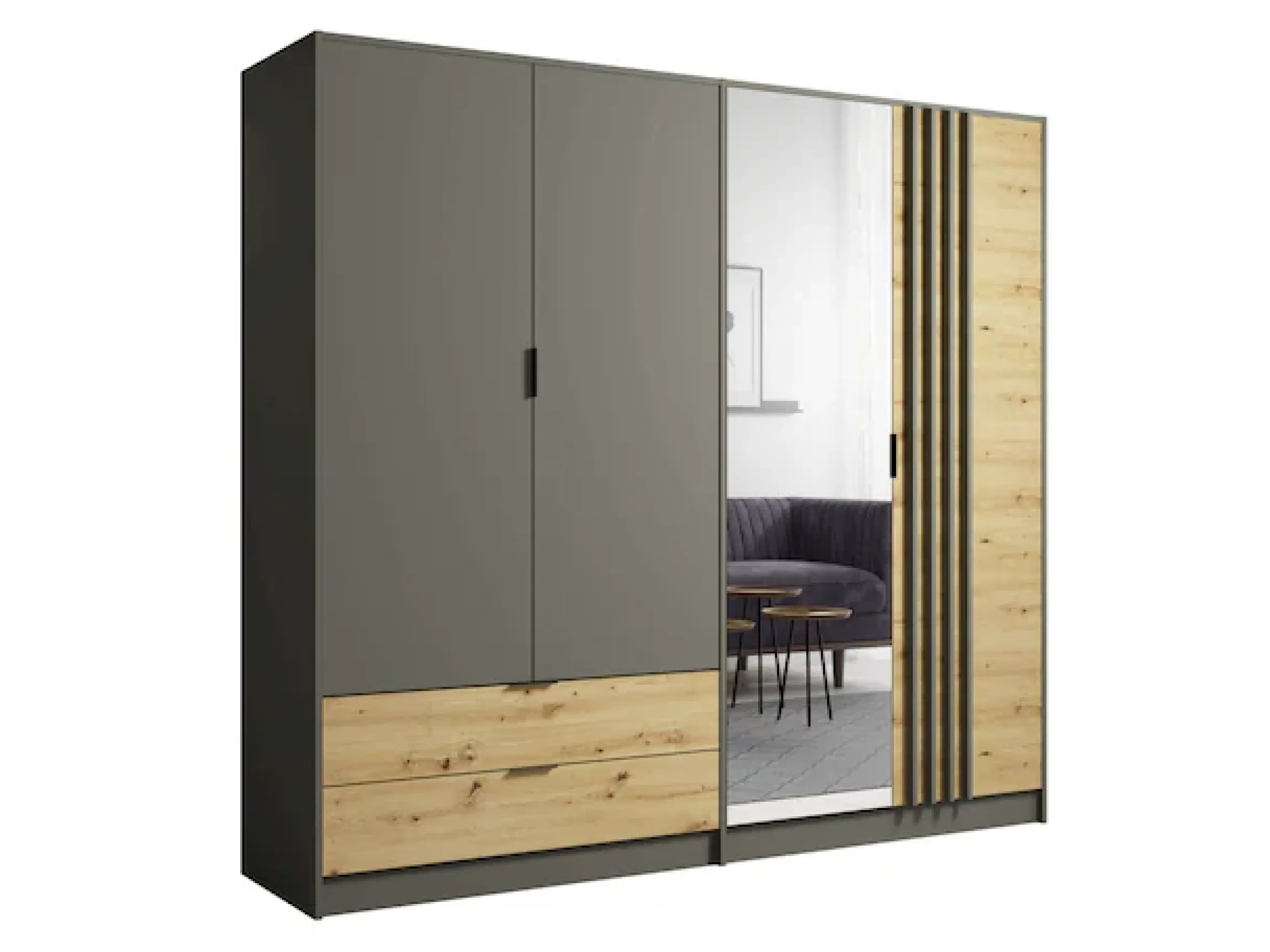 Home affaire Kleiderschrank »Kleiderschrank Loreto mit Schubkästen und Spiegel, B/T/H 220/54/202 cm« Schrank mit Drehtüren und Schubladen, Spiegel und MDF-Lamellen