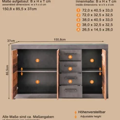 Home affaire Kommode »Ilana« Kommode mit 3 Türen & 4 Schubladen - (B/T/H) 151/37/86 cm