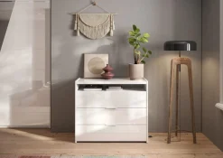 Home affaire Kommode »Malmo, Schubkastenkommode B/T/H 111/50/95 cm, mit 3 Schubkästen,« offene Ablage, Top 22 mm stark, Metallgriff, Weiss Hochglanz Lack