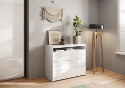 Home affaire Kommode »Malmo, Schubkastenkommode B/T/H 111/50/95 cm, mit 3 Schubkästen,« offene Ablage, Top 22 mm stark, Metallgriff, Weiss Hochglanz Lack