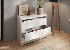 Home affaire Kommode »Malmo, Schubkastenkommode B/T/H 111/50/95 cm, mit 3 Schubkästen,« offene Ablage, Top 22 mm stark, Metallgriff, Weiss Hochglanz Lack