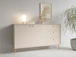 Home affaire Kommode »ROMELIS Sideboard mit 3 Schubladen und 2 Türen, B/T/H: 156/40,5/89 cm« Beige Kommode mit goldenen Griffen auf goldenen Füßen, viel Stauraum