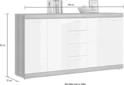 Home affaire Kommode »SIENA, Breite 165cm, 4 Türen, 4 Schubkästen, 8 Einlegeböden, 12 Fächer« hochwertige Rillenfräsung in MDF Front,Schuhkommode, Schuhschrank, Anrichte, Sideboard