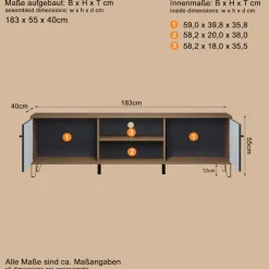 Home affaire Lowboard »Molveno« 1 Stk. tlg. TV-Unterteil mit 2 Türen & 2 Fächern - (B/T/H) 183/40/56 cm