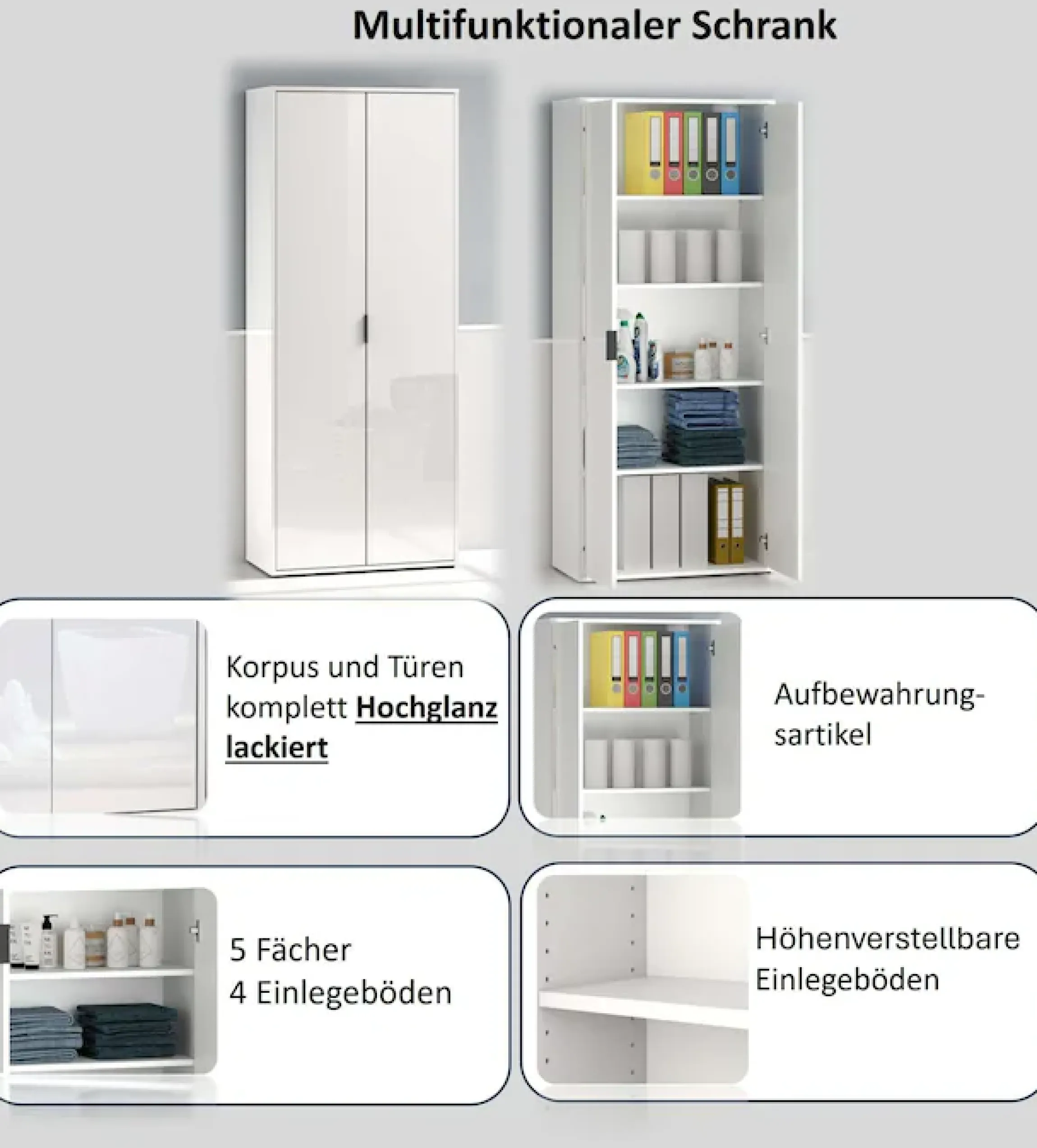 Home affaire Mehrzweckschrank »JOLLY, Stauraumschrank , Breite 72,5 cm , Höhe 178 cm« 1 Stk. tlg. 2 Türen, 4 Einlegeböden-Schrank hochglanz lackiert