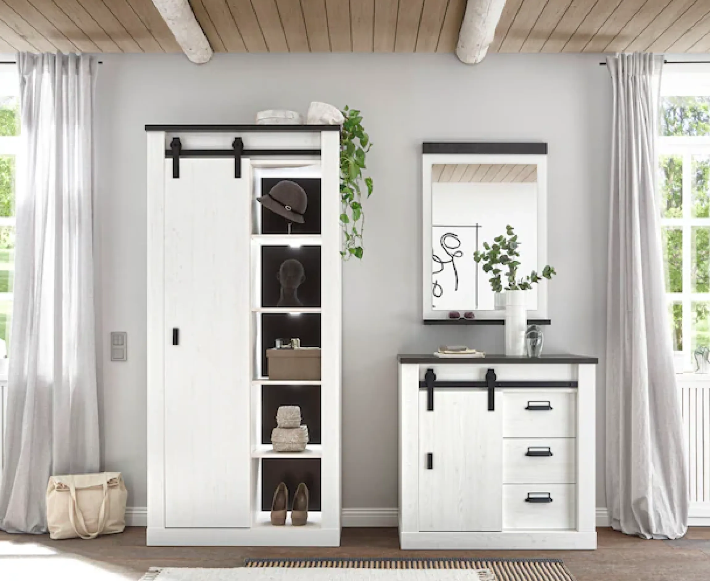 Home affaire Regal »SHERWOOD« modernes Holz Dekor, mit Scheunentorbeschlag aus Metall, Höhe 201 cm