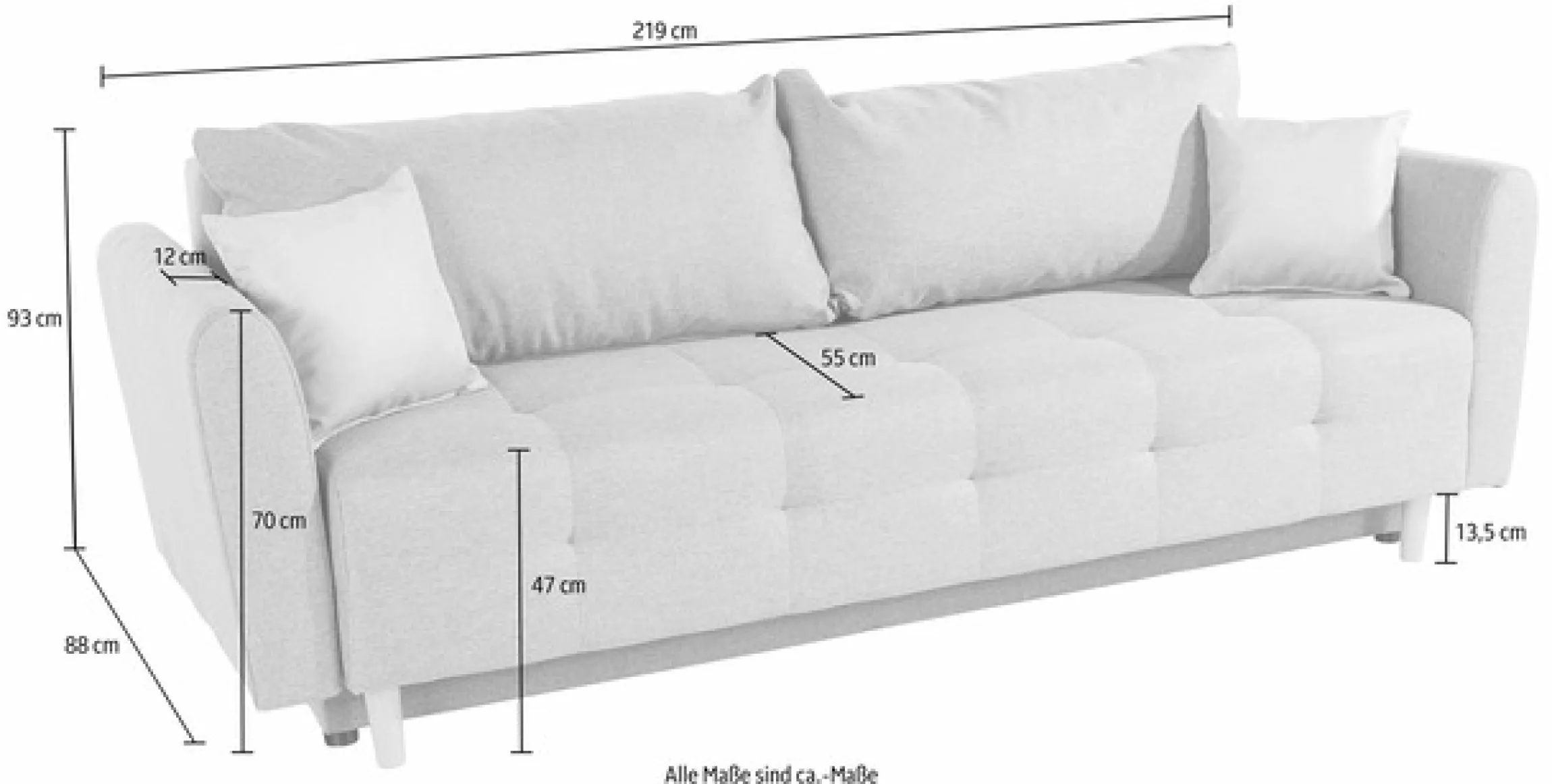 Home affaire Schlafsofa »Nordic, B: 219 cm, Liegel. 137x195 cm« Schlaffunktion, Bettkasten & 2 Zierkissen, Federkern