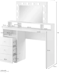 Home affaire Schminktisch »Diva Frisiertisch Hollywood Theater 120x136x40cm« 3 Schubladen mit Hochglanzfront,Kosmetiktisch Spiegel mit LED Beleuchtung Griffe Kristalloptik