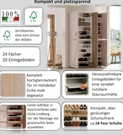 Home affaire Schuhschrank »LADY, Schuhkommode,Schuhmöbel,Schuhablage,Schuhregal« 20 Einlegeböden,24 Fächer,ca. 58 Paar Schuhe-Maße: B/T/H:120x34x200 cm
