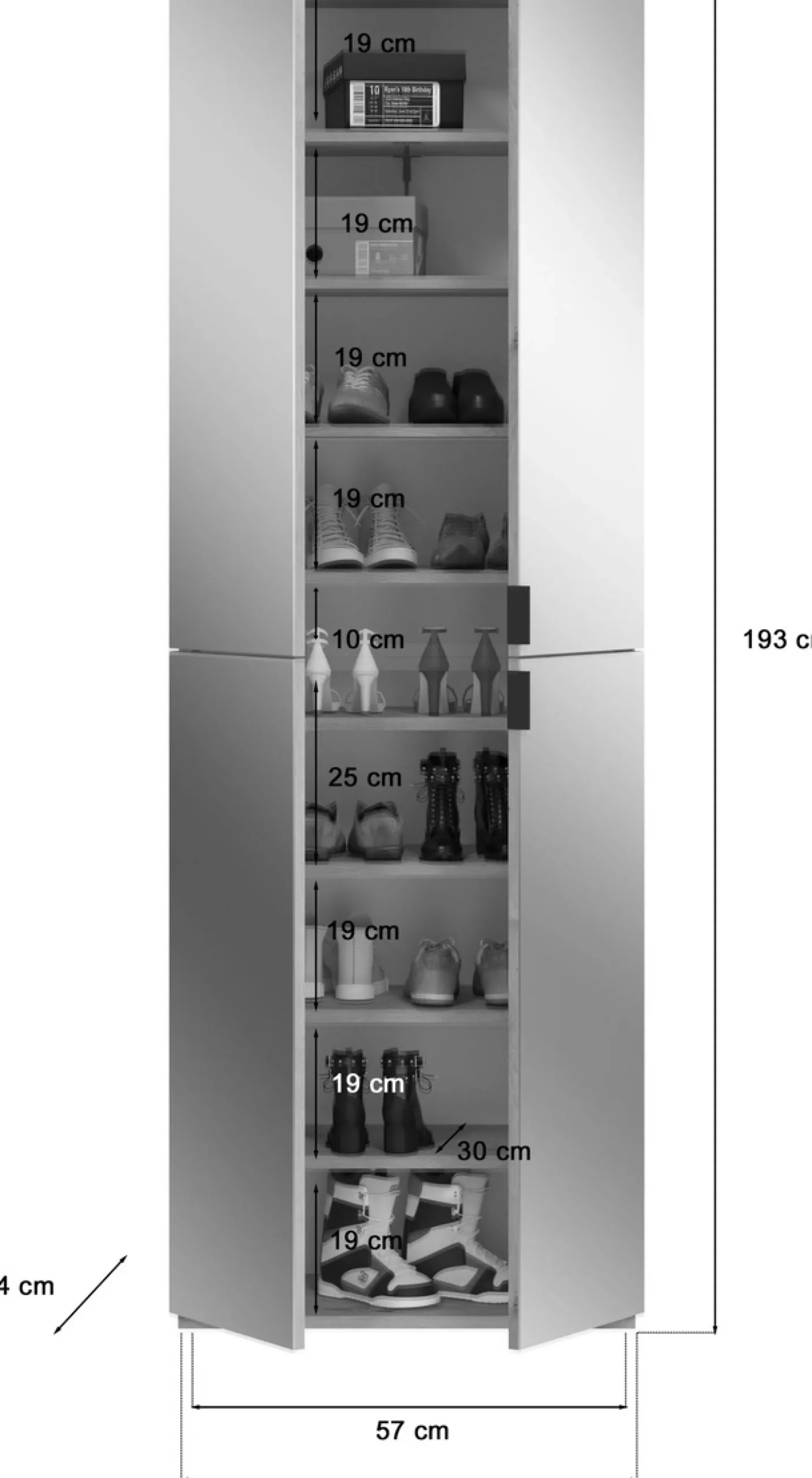 Home affaire Schuhschrank »TRONDHEIM, Höhe 193 cm, 4 Spiegeltüren, 9 Fächer, 7 Einlegeböden« inkl. ausziehbarer Kleiderstange, in verschiedenen Farben erhältlich,Schrank, Hochschramk, Mehrzweckschrank, Universalschrank, Flur, Diele