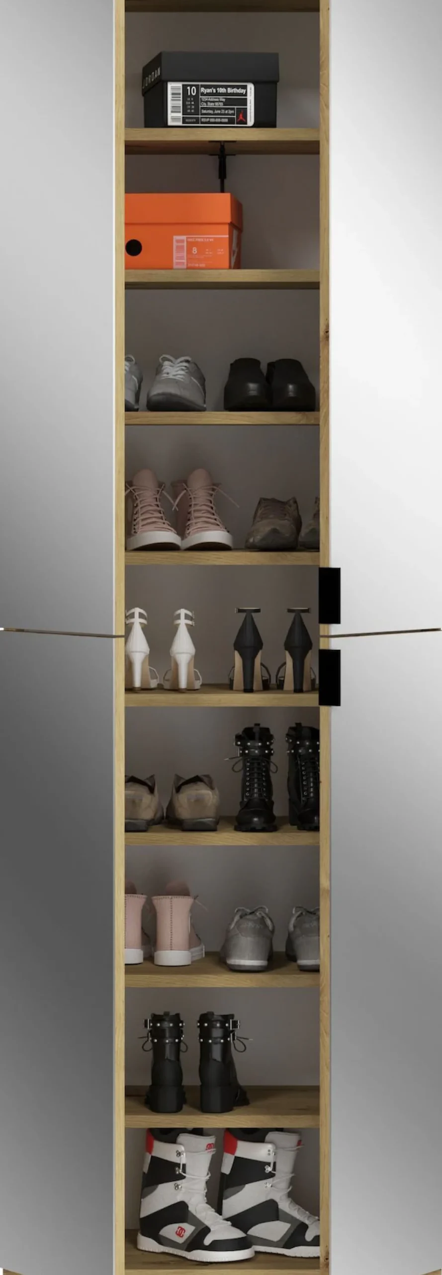 Home affaire Schuhschrank »TRONDHEIM, Höhe 193 cm, 4 Spiegeltüren, 9 Fächer, 7 Einlegeböden« inkl. ausziehbarer Kleiderstange, in verschiedenen Farben erhältlich,Schrank, Hochschramk, Mehrzweckschrank, Universalschrank, Flur, Diele