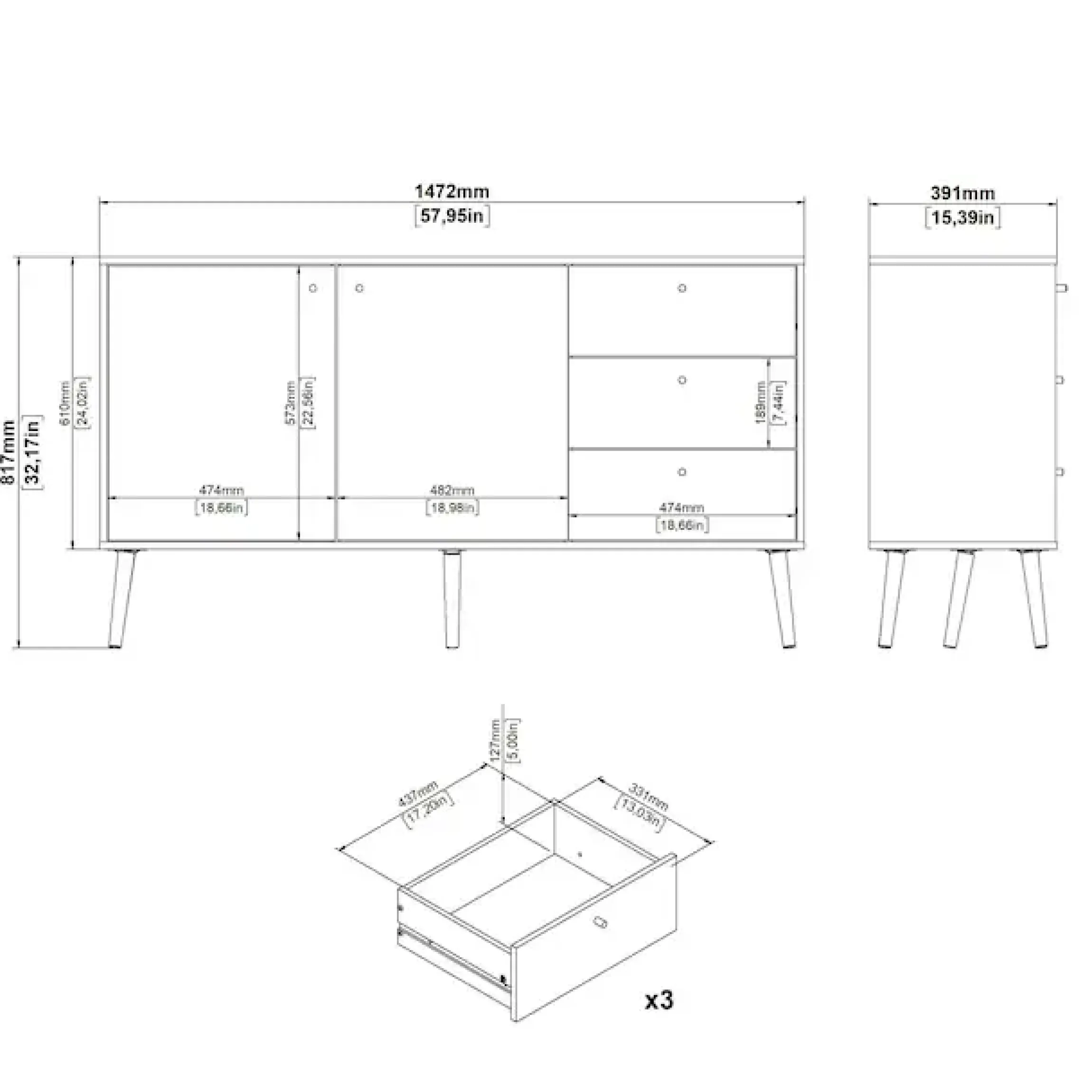 Home affaire Sideboard »Bodo, Aufbewahrung, Schubladenschrank, Sideboard,« Kommode mit 2 Türen, 3 Schubladen, Breite 147 cm