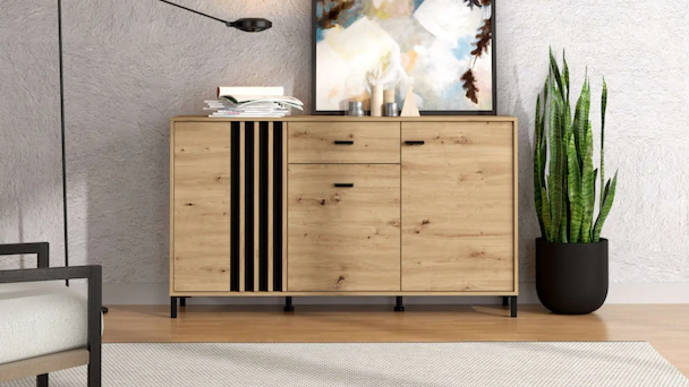 Home affaire Sideboard »LAVAL, Kommode, Kombikommode, Anrichte, Schrank« Modernes Sideboard in Artisan, 3 Türen & 1 Schublade, Lamellen-Optik