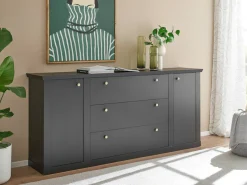 Home affaire Sideboard »Lincoln, moderner Schrank, schwarze Kommode, 205 cm breit« edles Design, messingfarbene Knopfgriffe, in 2 Größen verfügbar
