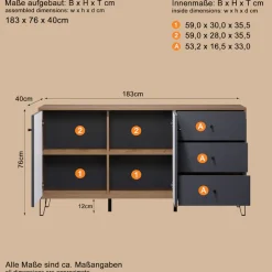 Home affaire Sideboard »Molveno« 1 Stk. tlg. Sideboard, 2 Türen, 3 Schubkasten & Soft-Close - (B/T/H) 183/40/76 cm