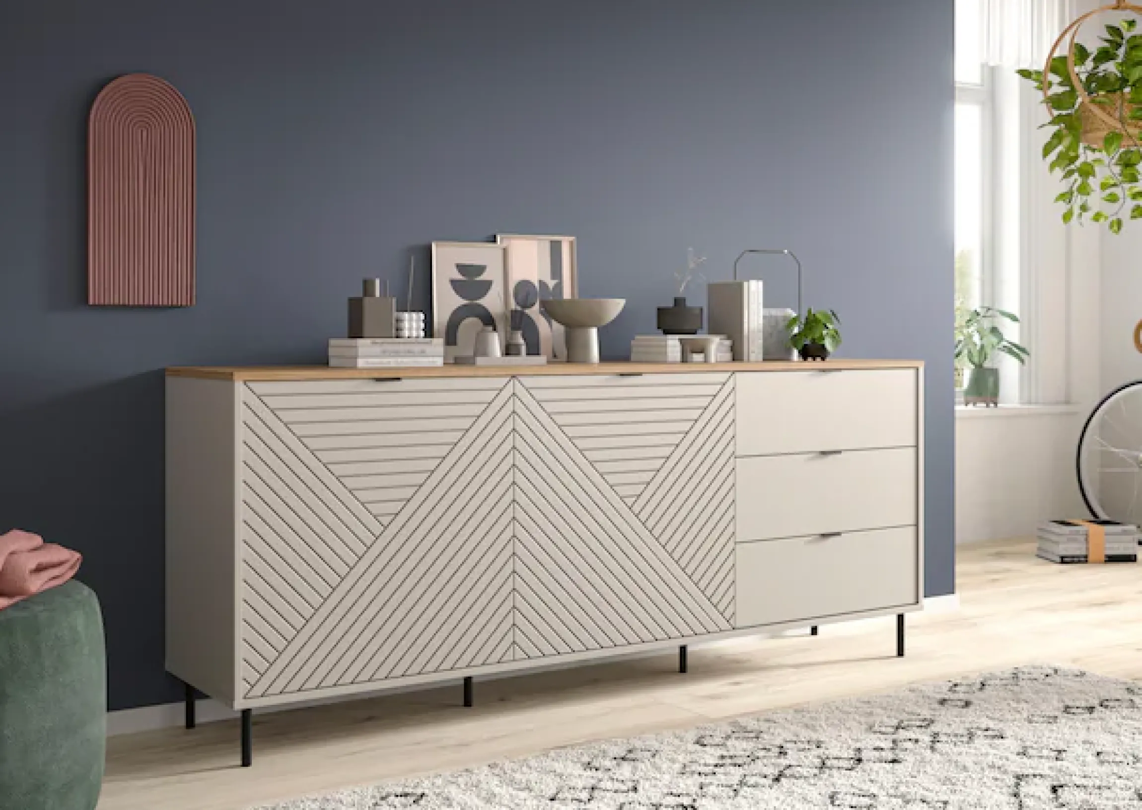 Home affaire Sideboard »RAITA, Breite 184 cm, Front mit Desgin-Fräsung, 2 Türen, viel Stauraum« moderne Farbkombi, individuell einsetzbar, Griffe & Füße aus Metall,Kommode, Anrichte, Schrank, Highboard, TV-Board